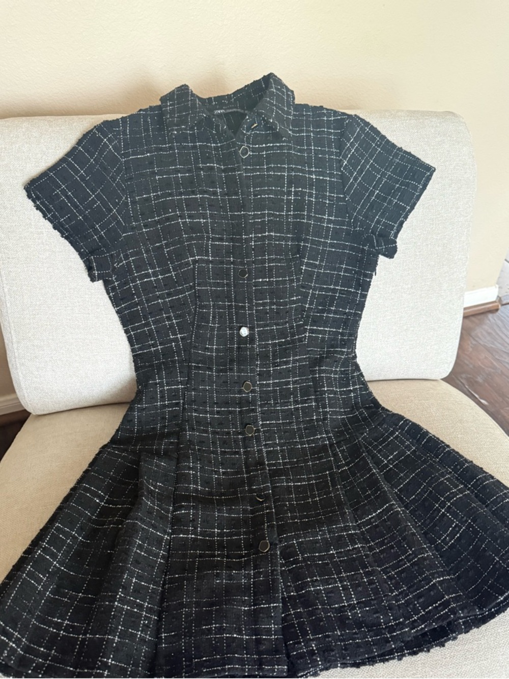 ZARA Black & White Checked Tweed Mini Dress - Picture 2 of 4